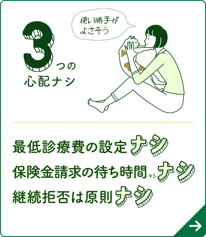 3つの心配ナシ 最低診療費の設定ナシ 保険金請求の待ち時間ナシ 継続拒否は原則ナシ