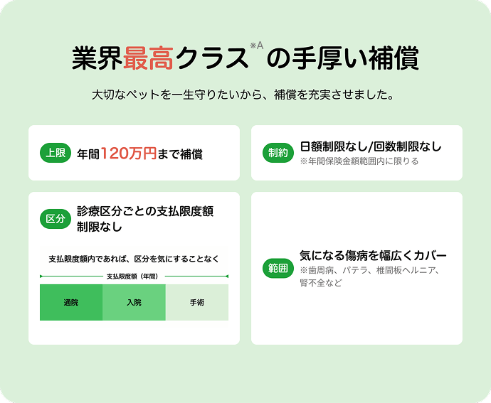 ペット保険の補償内容：年間120万円まで補償、日額・回数制限なし、通院・入院・手術の区分ごとの支払限度額制限なし、歯周病・パテラ・椎間板ヘルニア・腎不全など幅広い傷病をカバ