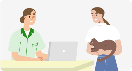 動物病院の受付で猫を抱いた飼い主とスタッフが笑顔で対応しているイラスト