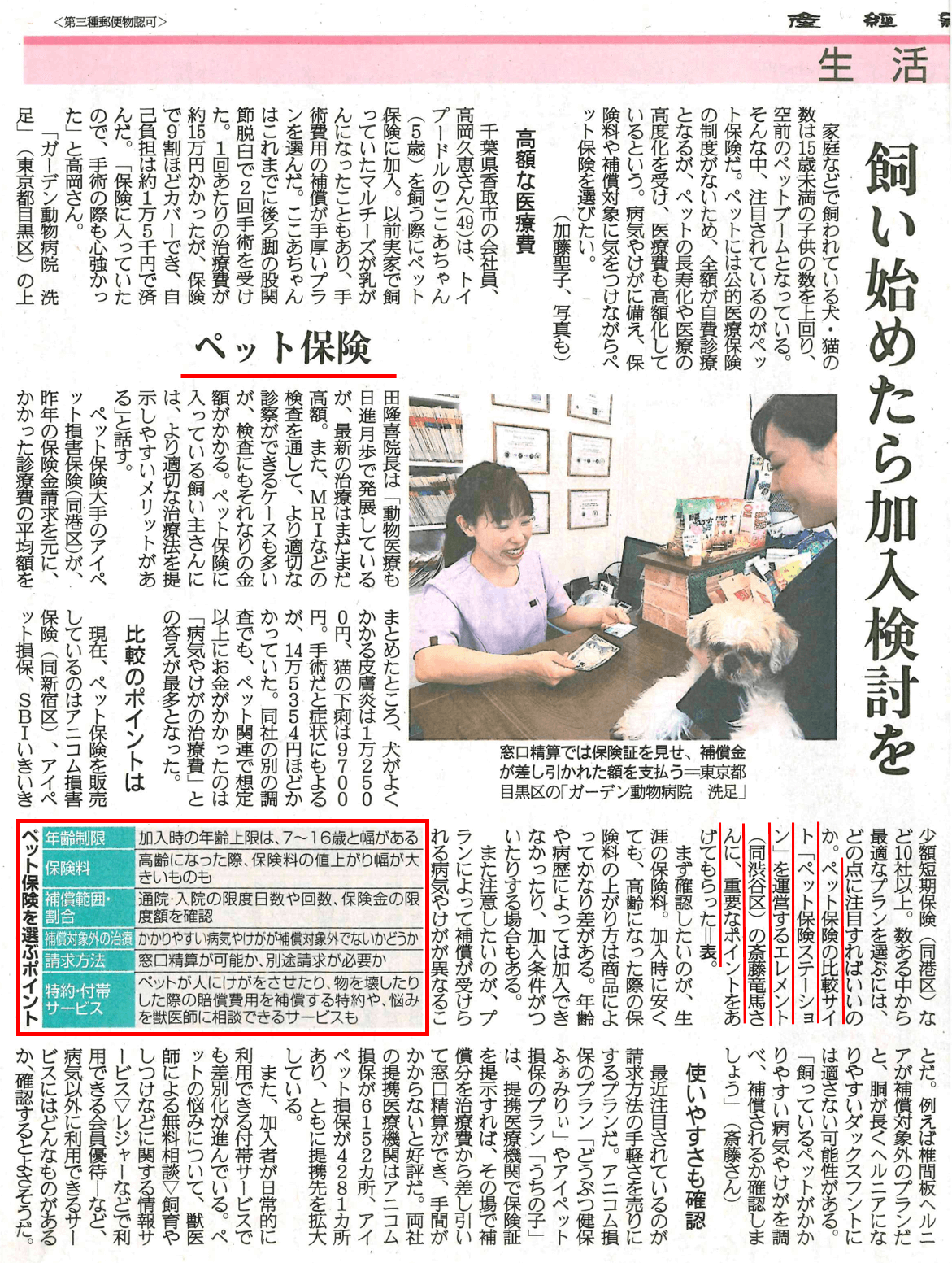 5月22日産経新聞ペット保険