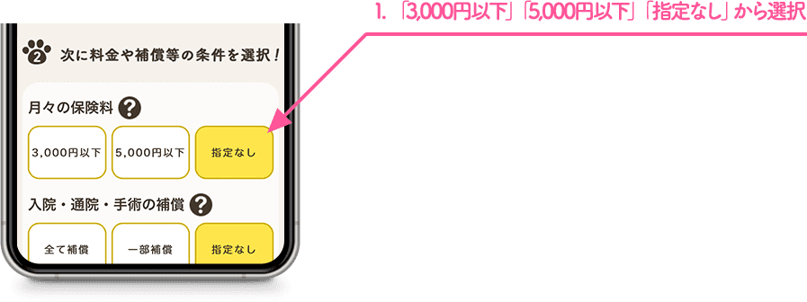 1.「3,000円以下」「5,000円以下」「指定なし」から選択
